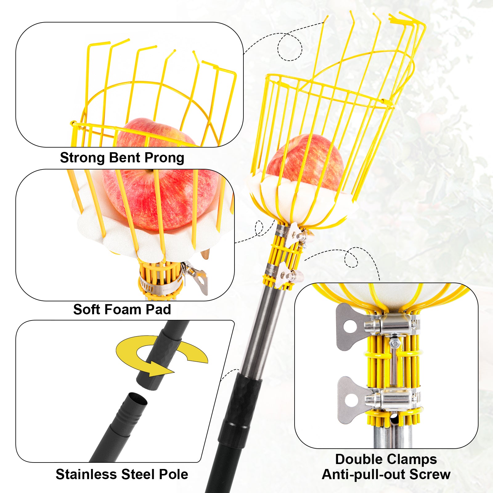 BlumeTrec Fruit Picker, Apple Picker Tool with Adjustable Pole and Basket, Long Reach Mango Grabber Tool, Tree Fruit Catcher for Picking Lemon Pear Orange Avocado Peach Citrus