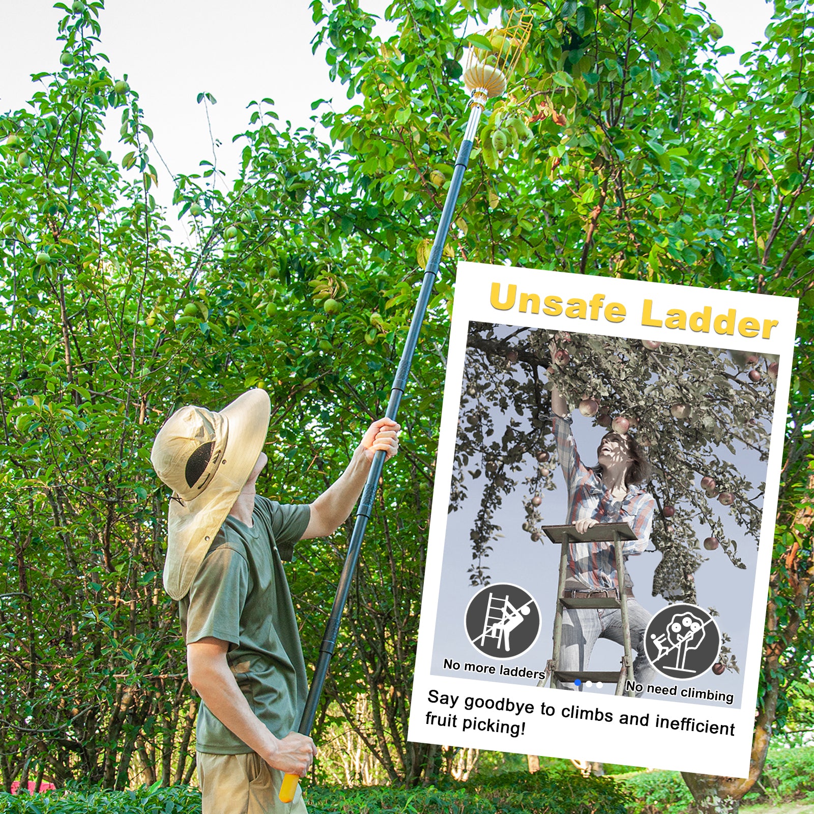 BlumeTrec Fruit Picker, Apple Picker Tool with Adjustable Pole and Basket, Long Reach Mango Grabber Tool, Tree Fruit Catcher for Picking Lemon Pear Orange Avocado Peach Citrus