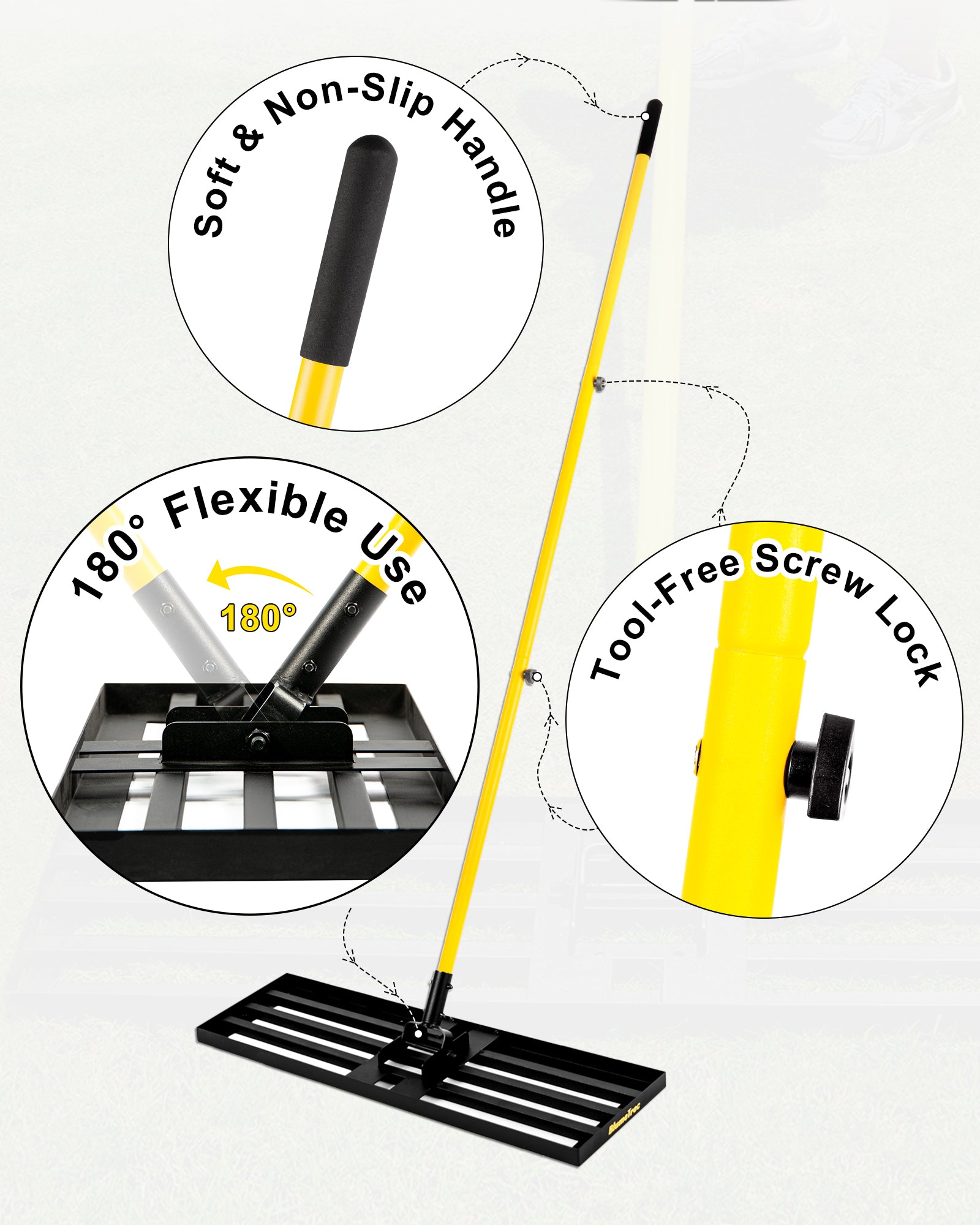 BlumeTrec Lawn Leveling Rake, Heavy Duty Sand Leveling Tool with 7FT Long Handle, Steel Golf Rake for Soil, Compost, Gravel, Lawn Leveler for Yard, Garden, Golf Course, Landscaping Level Tool