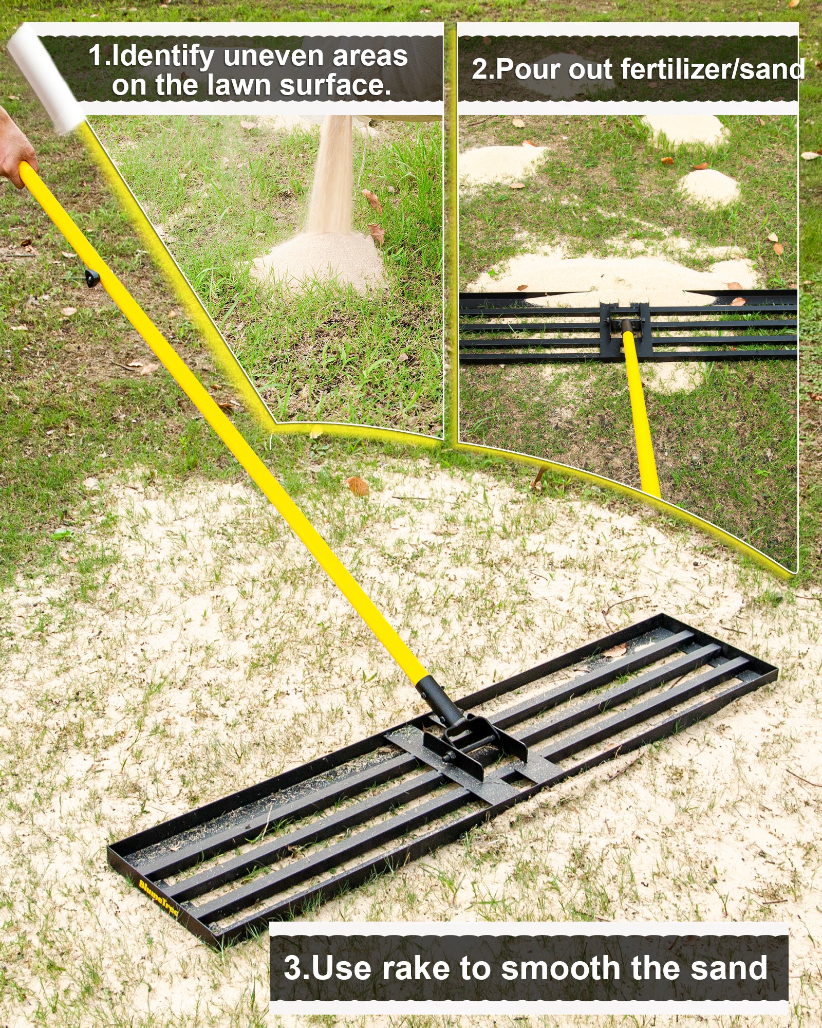 BlumeTrec Lawn Leveling Rake, Heavy Duty Sand Leveling Tool with 7FT Long Handle, Steel Golf Rake for Soil, Compost, Gravel, Lawn Leveler for Yard, Garden, Golf Course, Landscaping Level Tool